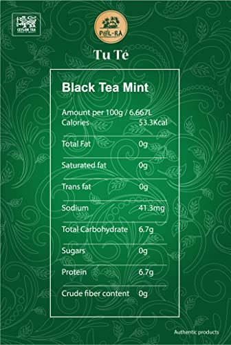Ceylon Organic Black Tea with Mint - Brew Hot/Iced Tea - Everyday English Breakfast Tea Bags - Low Caffeine, Gluten Free, Calories Free, 100% Natural - Total 25 Tea Bags (1.5grams Each) - Pack of 1 P L-RA
