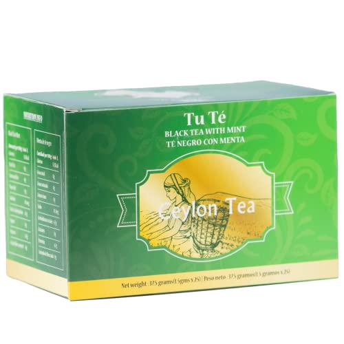 Ceylon Organic Black Tea with Mint - Brew Hot/Iced Tea - Everyday English Breakfast Tea Bags - Low Caffeine, Gluten Free, Calories Free, 100% Natural - Total 25 Tea Bags (1.5grams Each) - Pack of 1 P L-RA