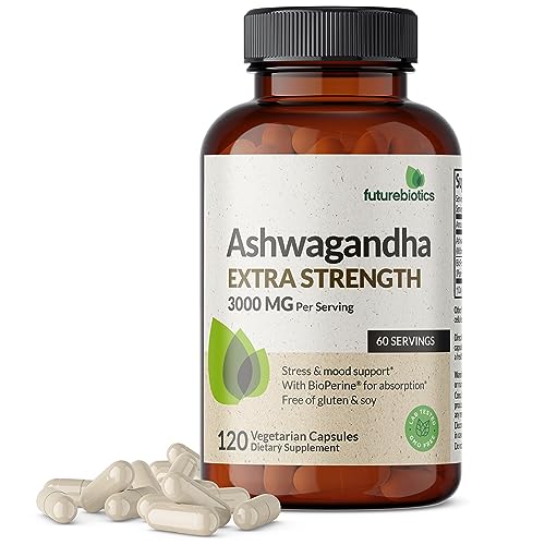 Futurebiotics Ashwagandha Capsules Extra Strength 3000mg - Stress Relief Formula, Natural Mood Support, Stress, Focus, and Energy Support Supplement, 120 Capsules Futurebiotics