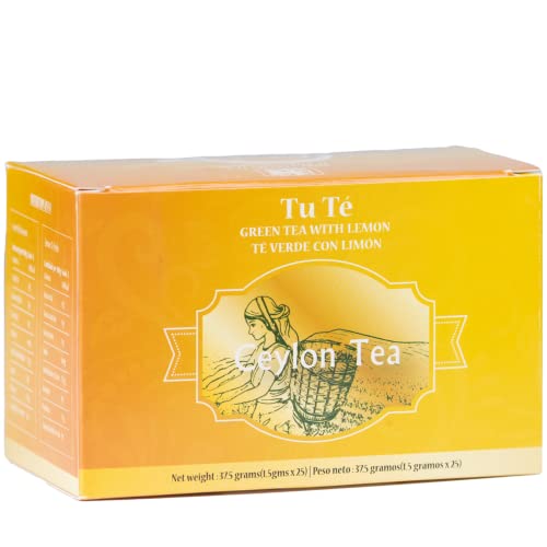 Ceylon Organic Green Tea With Lemon - Natural Lemon Flavor Everyday English Breakfast Iced or Hot Tea Bags - Low Caffeine, Gluten Free, Calories Free, 100% Natural - Pack of 1 x 25 Tea Bags (1.5grams Each) P L-RA